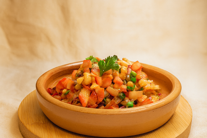 Salada de feijão fradinho com tomate, cebola e pimentão, acompanhamento leve servido no Dos