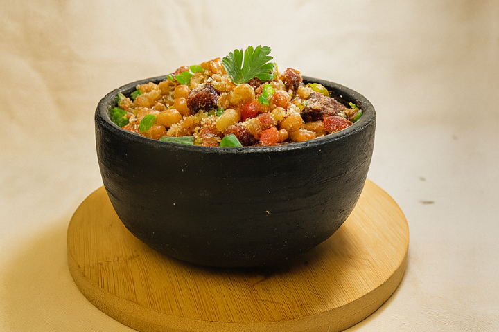 Farofa de feijão tropeiro com torresmo crocante e couve refogada – prato típico mineiro e nordestino