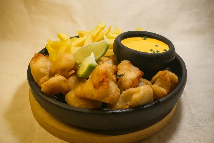 Porção de isca de peixe empanada com batata frita, molho da casa e limão no Dos Baianos Delivery em São José do Rio Preto