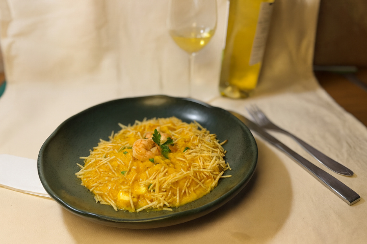 Camarão servido no creme de abóbora moranga com requeijão cremoso e batata palha no Dos Baianos Delivery em São José do Rio Preto